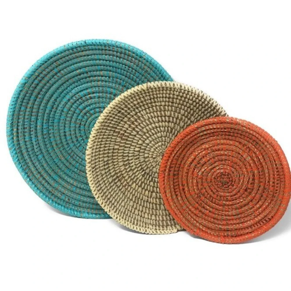 NEW FairTrade Set of‎ 3 African Handwoven Rattan Baskets Turquoise Orange Cream
